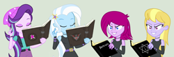 Size: 3752x1252 | Tagged: safe, artist:3d4d, derpibooru import, fuchsia blush, lavender lace, starlight glimmer, trixie, equestria girls, alicorn amulet, bible black, book, death note