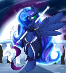 Size: 3500x3850 | Tagged: safe, artist:madacon, princess luna, anthro, unguligrade anthro, belly button, chest fluff, clothes, color porn, moon, polearm, solo