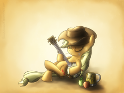 Size: 1024x768 | Tagged: safe, artist:fongsaunder, applejack, earth pony, pony, apple, banjo, cider, eyes closed, musical instrument, solo