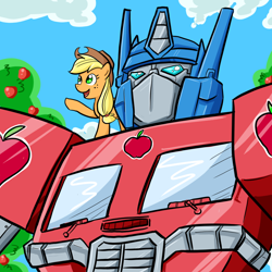 Size: 1000x1000 | Tagged: safe, artist:madmax, applejack, earth pony, pony, crossover, optimus prime, transformers