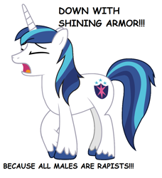 Size: 870x956 | Tagged: safe, shining armor, pony, unicorn, down with molestia, drama, feminism, parody, solo, whining armor