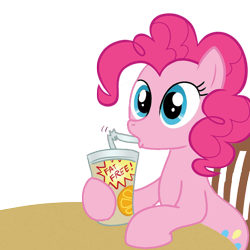 Size: 1000x1000 | Tagged: safe, artist:madmax, artist:pinkiepiemike, edit, pinkie pie, earth pony, pony, art theft, chair, drink, drinking, sitting, solo, table