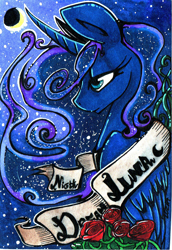 Size: 974x1416 | Tagged: safe, artist:ulkuchi, princess luna, alicorn, pony, crescent moon, design, portrait, rose, solo