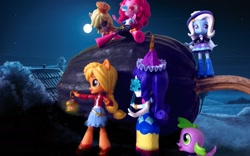 Size: 1536x960 | Tagged: safe, artist:whatthehell!?, derpibooru import, applejack, derpy hooves, pinkie pie, rarity, spike, spike the regular dog, trixie, dog, equestria girls, boots, clothes, denim skirt, doll, dress, equestria girls minis, eqventures of the minis, food, glasses, halloween, hat, holiday, irl, jacket, lantern, mask, moon, muffin, night, night sky, photo, ponied up, pumpkin, shoes, skirt, sky, stars, toy