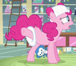 Size: 579x507 | Tagged: safe, screencap, pinkie pie, earth pony, pony, baby cakes, animated, cropped, diaper, diaper on head, gif