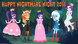 Size: 3877x2200 | Tagged: safe, artist:phucknuckl, derpibooru import, sci-twi, starlight glimmer, sunset shimmer, trixie, twilight sparkle, equestria girls, 2018, armband, bedroom eyes, booette, boots, boulder, bow, bowser, bowsette, breasts, bush, cleavage, clothes, collar, cosplay, costume, crossover, crown, dress, floating, flower, forest, glasses, gloves, grass, group, group photo, group shot, hairpin, halloween, halloween 2018, halloween costume, hand on hip, hands behind back, hands on thighs, happy, happy nightmare night, hat, headband, high res, holiday, horn, jewelry, kamek, kamekette, king boo, knot, leather boots, legs, levitation, looking at you, looking up, magic, magic wand, necklace, new super mario bros. u, new super mario bros. u deluxe, night, night sky, nightmare night, nightmare night 2018, nightmare night costume, nintendo, numbers, open mouth, outdoors, peachette, ponytail, princess, princess peach, princess twipeach, raised eyebrow, regalia, rock, royalty, self paradox, self ponidox, shadow, shell, shoes, skirt, sky, smiling, smug, socks, standing, standing on one leg, stars, stone, super crown, super mario bros., tail, teeth, telekinesis, text, toadette, tree, wall of tags, wand, witch, witch hat, wizard, wizard hat, wristband, xk-class end-of-the-world scenario
