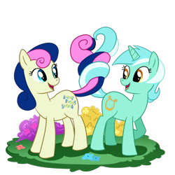 Size: 1000x1000 | Tagged: safe, artist:madmax, bon bon, lyra heartstrings, sweetie drops, earth pony, pony, unicorn, adorabon, couple, cute, female, hilarious in hindsight, intertwined tails, lesbian, looking at each other, lyrabetes, lyrabon, mare, my little pony, shipping, smiling