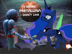 Size: 1000x750 | Tagged: safe, princess luna, alicorn, alien, pony, crow t robot, mike nelson, mystery science theater 3000, pun, this island earth, tom servo