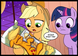 Size: 807x580 | Tagged: safe, artist:heir-of-rick, artist:madmax, edit, applejack, twilight sparkle, twilight sparkle (alicorn), alicorn, earth pony, pony, body pillow, cute, dialogue, golden oaks library, implied shipping, inception, silly, silly pony, snuggling, sweat, we need to go deeper, who's a silly pony