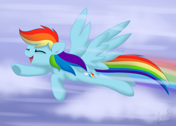 Size: 900x643 | Tagged: safe, artist:maplesunrise, rainbow dash, pegasus, pony, cloud, eyes closed, female, flying, mare, open mouth, smiling, solo