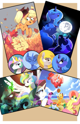 Size: 719x1112 | Tagged: safe, artist:karzahnii, derpibooru import, applejack, derpy hooves, fluttershy, pinkie pie, princess celestia, princess luna, queen chrysalis, rainbow dash, rarity, trixie, twilight sparkle, alicorn, changeling, changeling queen, earth pony, pegasus, pony, unicorn, female, mane six, mare, three luna moon, three wolf moon