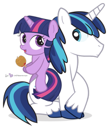 Size: 833x990 | Tagged: safe, artist:dm29, shining armor, twilight sparkle, pony, unicorn, caramel apple (food), duo, filly, ponies riding ponies, riding, simple background, transparent background