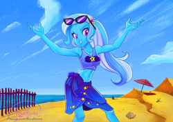 Size: 1600x1131 | Tagged: safe, artist:rosalhymn, derpibooru import, trixie, better together, equestria girls, forgotten friendship, >:), armpits, beach, beach babe, belly button, clothes, cute, diatrixes, evil grin, grin, sarong, smiling, smirk, solo, swimsuit