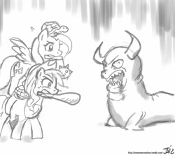 Size: 800x711 | Tagged: safe, artist:johnjoseco, applejack, fluttershy, earth pony, pegasus, pony, crossover, grayscale, infernal seal, kingdom of loathing, monochrome, seal clubber, turtle tamer