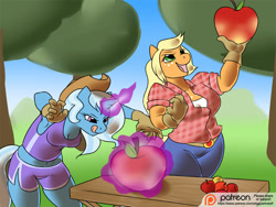 Size: 1000x750 | Tagged: safe, artist:stigma-photon, derpibooru import, applejack, trixie, anthro, apple, magic