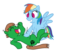 Size: 746x686 | Tagged: safe, artist:madmax, edit, rainbow dash, oc, oc:ian, earth pony, pegasus, pony, base used, laughing, simple background, tickling, trace, white background