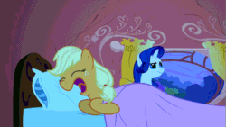 Size: 853x480 | Tagged: safe, edit, edited screencap, screencap, applejack, rarity, earth pony, pony, unicorn, look before you sleep, animated, bed, duo, pun, shoes, snoring, visual pun, wat