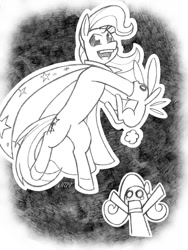 Size: 720x960 | Tagged: safe, artist:texasuberalles, derpibooru import, part of a set, angel bunny, fluttershy, trixie, pegasus, pony, rabbit, unicorn, bipedal, cape, chibi, clothes, female, grayscale, hat, hoof hold, looking at you, magic trick, male, mare, monochrome, pencil drawing, traditional art, trio