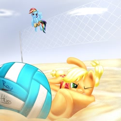 Size: 1000x1000 | Tagged: safe, artist:rayhiros, applejack, rainbow dash, earth pony, pegasus, pony, ball, beach, clothes, duo, flying, net, sand, volleyball