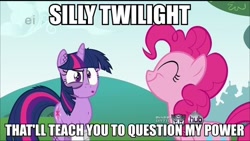 Size: 600x338 | Tagged: safe, derpibooru import, edit, edited screencap, screencap, pinkie pie, twilight sparkle, earth pony, pony, feeling pinkie keen, black eye, duo, ei, hub logo, image macro, pinkie sense, power, transformers