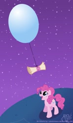 Size: 689x1160 | Tagged: safe, artist:yokokinawa, pinkie pie, earth pony, pony, balloon, female, happy, letter, looking up, mare, night, scroll, stars