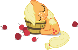 Size: 5333x3432 | Tagged: safe, artist:drewdini, applejack, earth pony, pony, apple, filly, half barrel, simple background, sleeping, solo, that pony sure does love apples, transparent background, vector