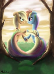 Size: 2414x3307 | Tagged: safe, artist:ajvl, applejack, rainbow dash, earth pony, pegasus, pony, appledash, female, high res, lesbian, mare, shipping, tree