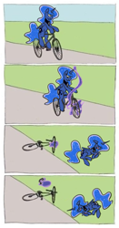 Size: 399x760 | Tagged: safe, artist:spaerk, princess luna, tantabus, alicorn, pony, baton roue, bicycle, comic, d:, frown, injured, meme, on side, riding, smiling