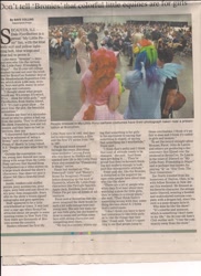 Size: 1700x2338 | Tagged: safe, pinkie pie, rainbow dash, human, article, brony, bronycon, irl, irl human, news, newspaper, photo, texas