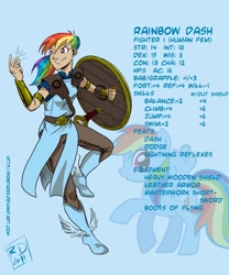 Size: 750x900 | Tagged: safe, artist:robd2003, rainbow dash, dungeons and dragons, fantasy class, humanized, shield, sword, text, weapon, winged shoes