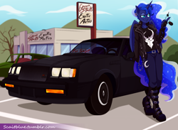 Size: 1280x937 | Tagged: safe, artist:g-blue16, princess luna, anthro, buick, buick gnx, car, clothes, earring, fingerless gloves, gloves, leather jacket, piercing, solo