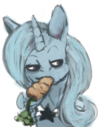 Size: 500x643 | Tagged: dead source, safe, artist:celestiawept, derpibooru import, trixie, pony, unicorn, bust, cape, carrot, clothes, eating, lidded eyes, looking away, looking sideways, mouth hold, portrait, simple background, solo, trixie's cape, white background