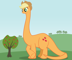 Size: 2400x2000 | Tagged: safe, artist:ohitison, applejack, dinosaur, sauropod, apatosaurus, dinosaurified, high res, long neck, solo, species swap, tree, wat