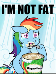 Size: 478x626 | Tagged: safe, artist:madmax, edit, rainbow dash, pegasus, pony, comfort eating, crying, eating, food, häagen-dazs, ice cream, image macro, meme, pun, solo, this will end in weight gain