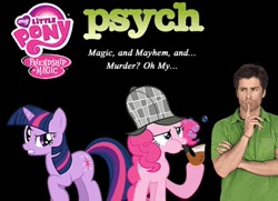 Size: 350x254 | Tagged: safe, derpibooru import, pinkie pie, twilight sparkle, earth pony, pony, crossover, fanfic, fanfic art, fanfic cover, magic, magic and mayhem and... murder? oh my..., my little pony logo, psych, shawn spencer, upset
