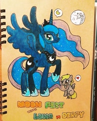 Size: 605x757 | Tagged: artist needed, safe, derpy hooves, princess luna, alicorn, pony, filly, mare in the moon, moon, traditional art