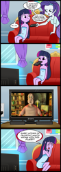 Size: 463x1300 | Tagged: safe, artist:madmax, edit, rarity, twilight sparkle, equestria girls, exploitable meme, globglogabgalab, meme, obligatory pony, strawinsky and the mysterious house, tv meme, what's wrong with this place