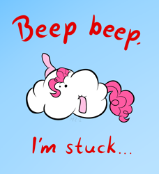 Size: 1128x1236 | Tagged: safe, artist:mr-1, pinkie pie, earth pony, pony, beep beep, cloud, how, pinkie being pinkie, pinkie physics, solo, stuck