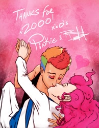 Size: 700x900 | Tagged: safe, artist:scorpiordinance, pinkie pie, rainbow dash, ask human pinkie pie and rainbow dash, female, humanized, kissing, lesbian, pinkiedash, shipping