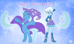 Size: 2544x1518 | Tagged: safe, artist:andoanimalia, derpibooru import, trixie, pony, unicorn, equestria girls, bipedal, female, human ponidox, mare, self ponidox, trixie day, wallpaper