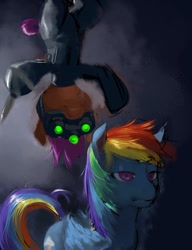 Size: 590x767 | Tagged: safe, artist:citlalicue, artist:discotecnia ottanta, rainbow dash, scootaloo, pegasus, pony, knife, parody, splinter cell, upside down