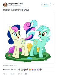 Size: 627x831 | Tagged: safe, artist:madmax, bon bon, lyra heartstrings, sweetie drops, female, holiday, intertwined tails, lesbian, lyrabon, meghan mccarthy, meta, misspelling, shipping, shipping fuel, twitter, valentine's day