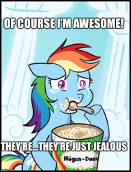 Size: 500x656 | Tagged: safe, artist:madmax, edit, rainbow dash, pegasus, pony, comfort eating, cropped, crying, denial, eating, female, food, hoof hold, häagen-dazs, ice cream, mare, meme, messy eating, pun, solo, this will end in weight gain