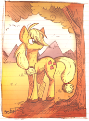 Size: 530x717 | Tagged: safe, artist:koshi-doshi, applejack, earth pony, pony, hair over one eye, hatless, lined paper, missing accessory, solo, traditional art, tree