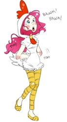 Size: 480x873 | Tagged: safe, artist:zoe-productions, pinkie pie, chicken, human, animal costume, chicken pie, chicken suit, clothes, costume, female, halloween, holiday, humanized, nightmare night, simple background, solo, white background