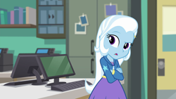 Size: 1920x1080 | Tagged: safe, derpibooru import, screencap, trixie, better together, equestria girls, forgotten friendship, computer, confused, crossed arms, raised eyebrow, solo