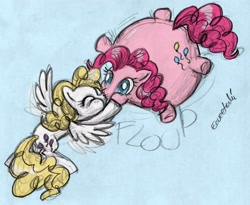 Size: 2455x2011 | Tagged: safe, artist:eeveetachi, pinkie pie, surprise, earth pony, pegasus, pony, g1, eyes closed, female, g1 to g4, generation leap, high res, inflation, kiss inflation, kissing, lesbian, mare, pinkieprise, puffkiss, shipping