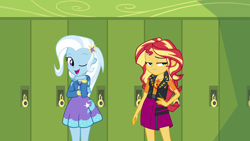 Size: 1920x1080 | Tagged: safe, derpibooru import, screencap, sunset shimmer, trixie, better together, equestria girls, forgotten friendship, barrette, canterlot high, cute, diatrixes, hallway, lockers, one eye closed, raised eyebrow, smiling, smirk, wink