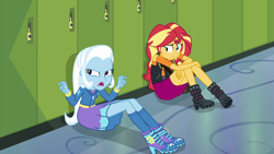 Size: 1920x1080 | Tagged: safe, derpibooru import, screencap, sunset shimmer, trixie, equestria girls, equestria girls series, forgotten friendship, boots, canterlot high, clothes, duo, female, high heel boots, high heels, legs, lockers, shoes, skirt