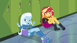 Size: 1920x1080 | Tagged: safe, derpibooru import, screencap, sunset shimmer, trixie, better together, equestria girls, forgotten friendship, boots, canterlot high, clothes, duo, female, high heel boots, high heels, legs, lockers, shoes, skirt